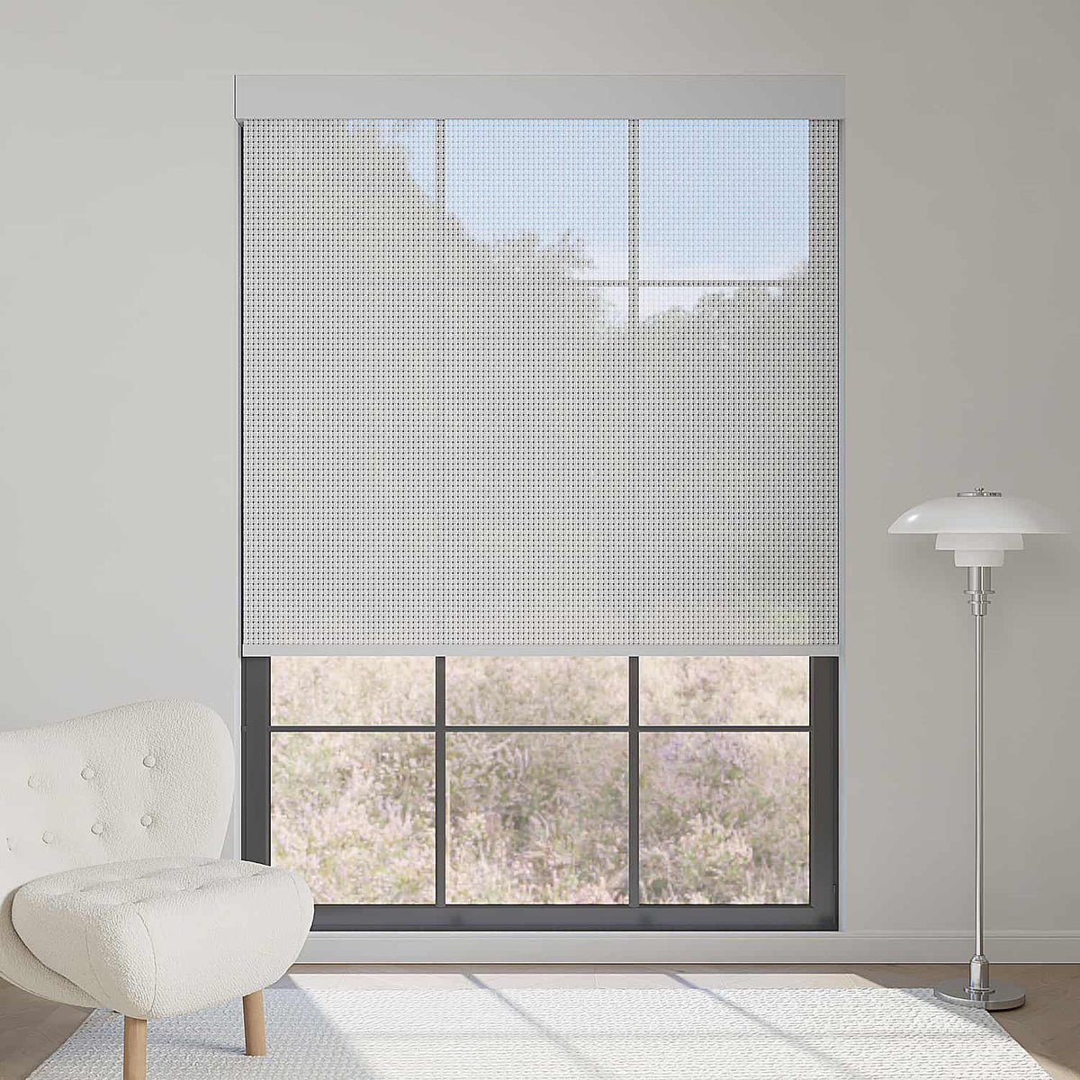 Dark gray 5% openness solar shade filters daylight, reduces glare, and delivers outdoor views with privacy.