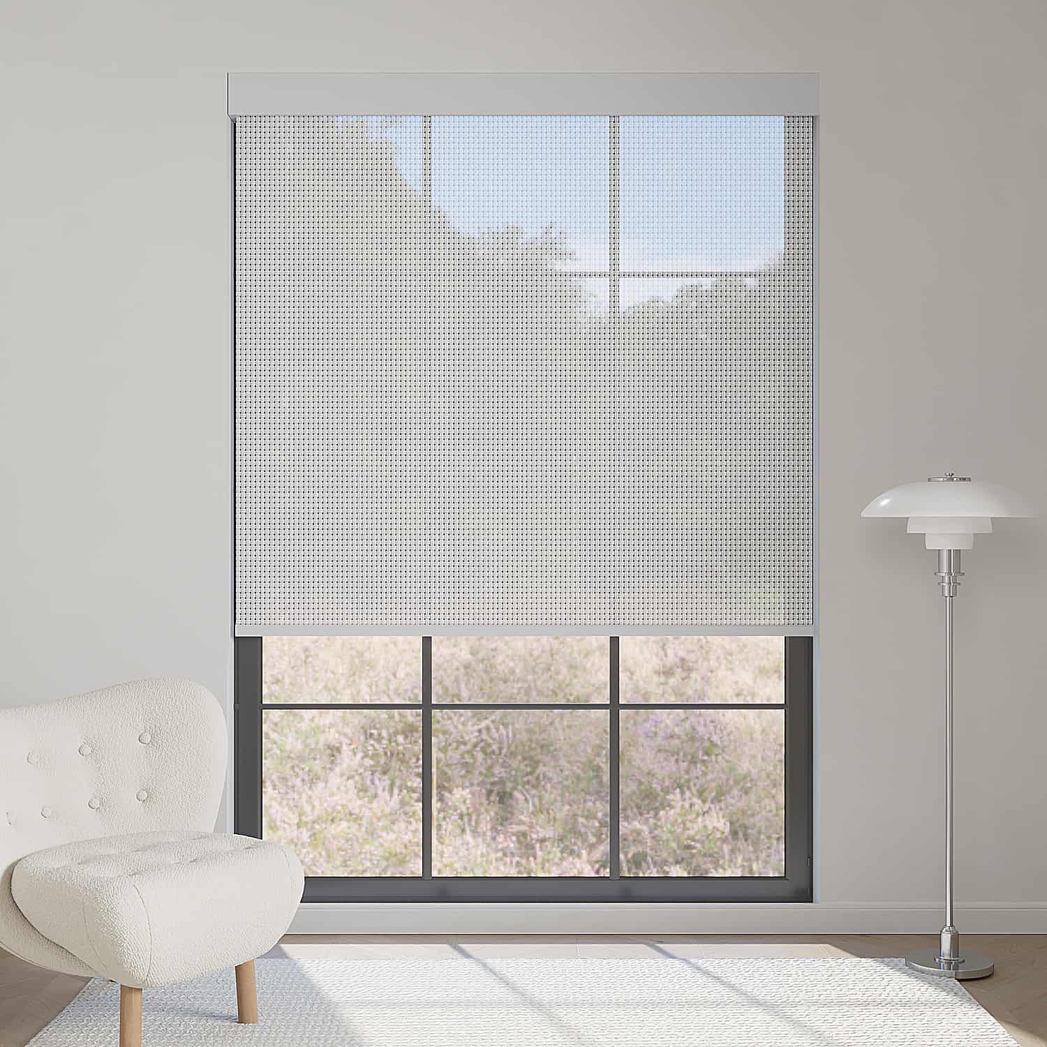 Dark gray 5% openness solar shade filters daylight, reduces glare, and delivers outdoor views with privacy.