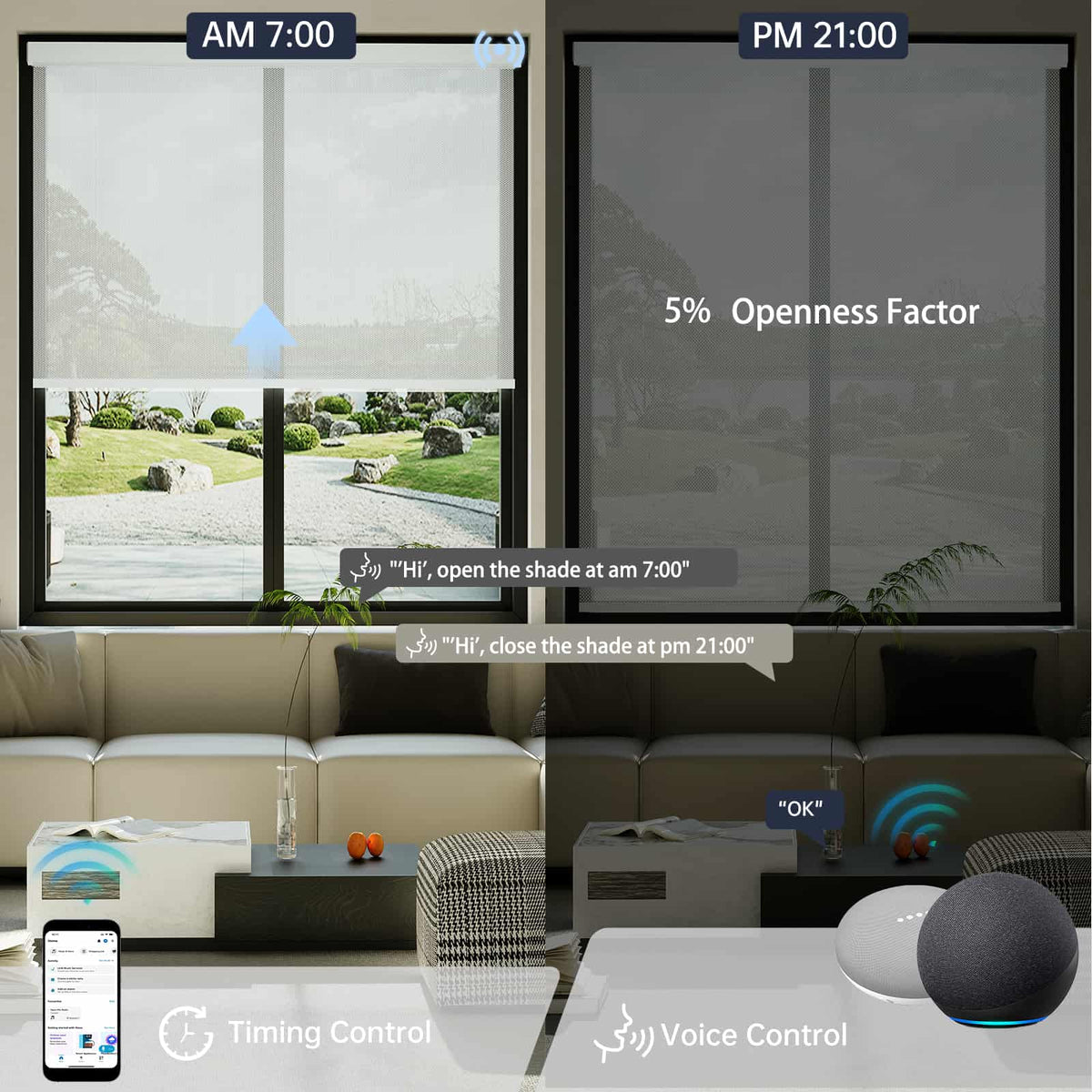 Motorized light gray 5% solar shade supports automation with timer and voice control options.