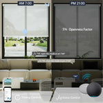 Motorized light gray 5% solar shade supports automation with timer and voice control options.
