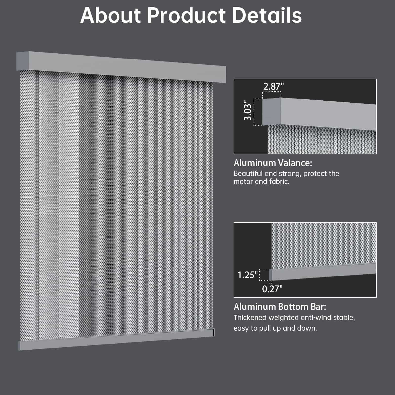 Light gray 5% solar shade designed with slim metal valance and bottom rail, stylish and durable.