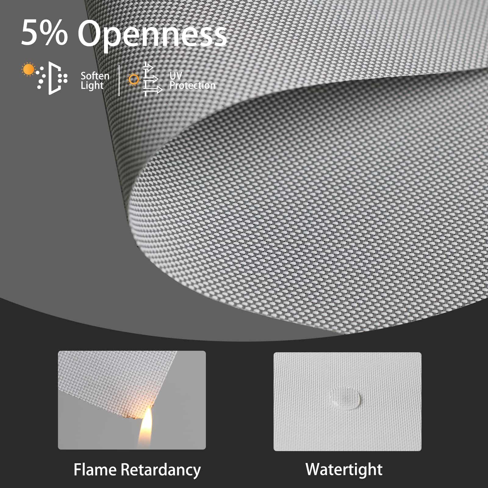 Light gray 5% solar shade fabric is fire-retardant and water-resistant, combining safety and quality.