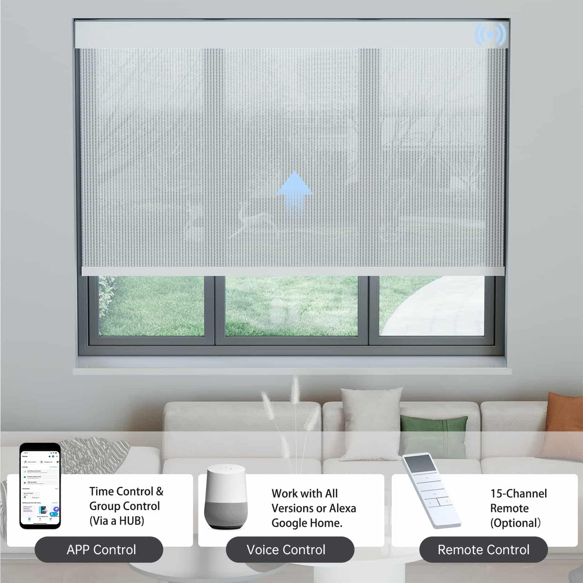 Light gray 5% solar shade operable by app, voice assistants, or hub remote for easy smart living.