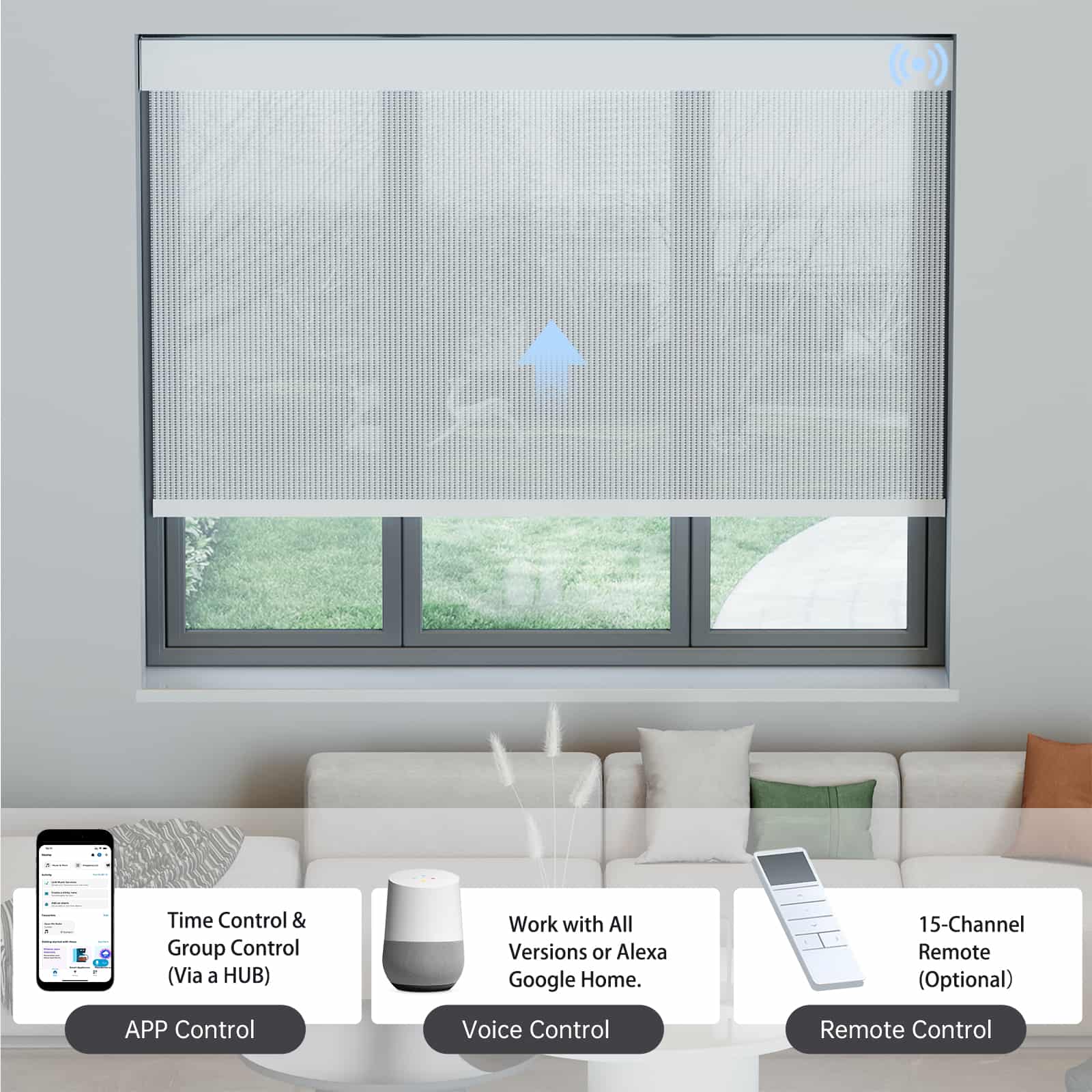 Light gray 5% solar shade operable by app, voice assistants, or hub remote for easy smart living.