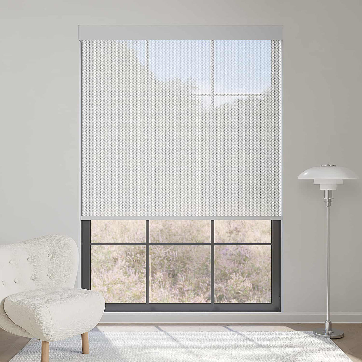 Light gray 5% openness solar shade brightens rooms, reduces glare, and provides panoramic outdoor visibility.