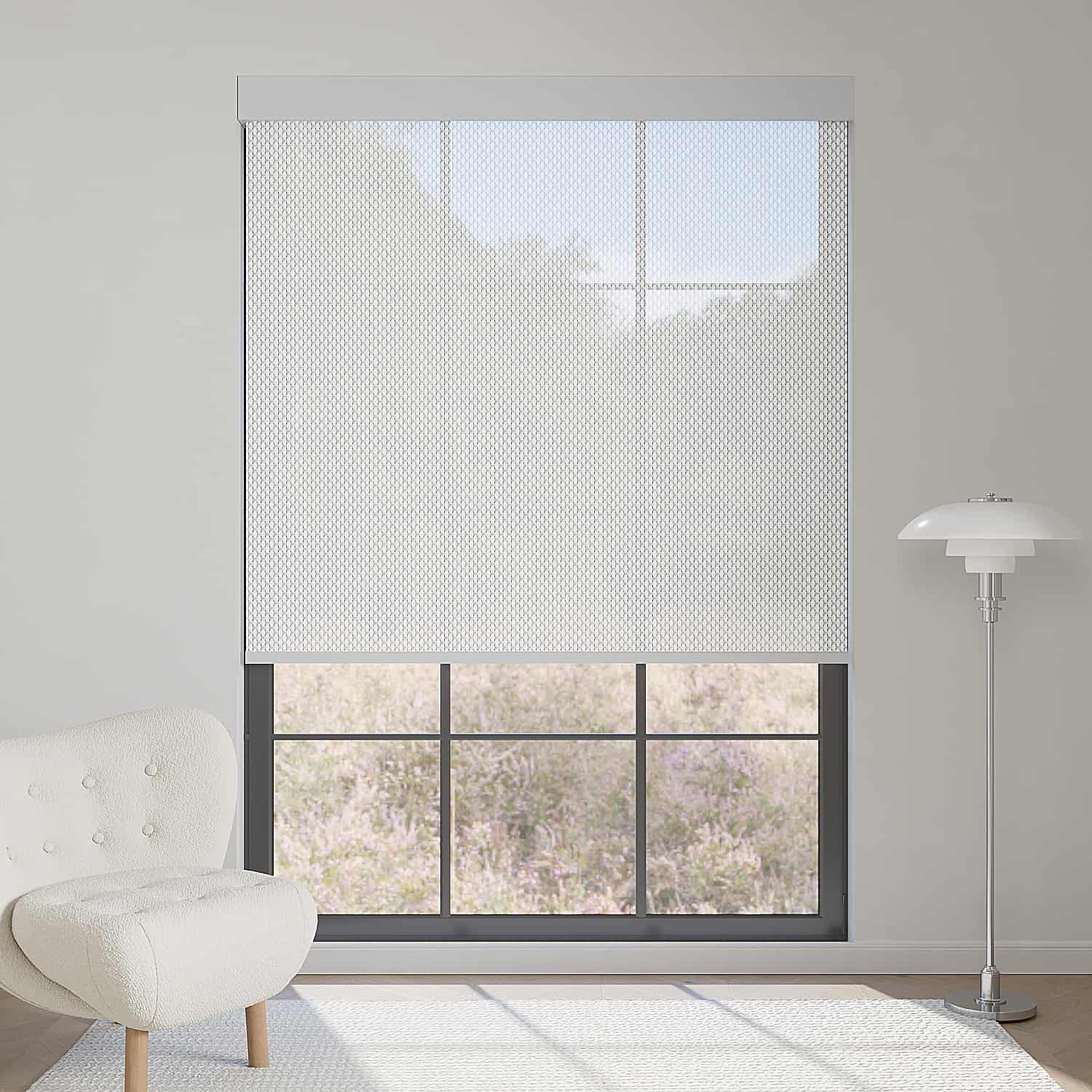 Light gray 5% openness solar shade brightens rooms, reduces glare, and provides panoramic outdoor visibility.