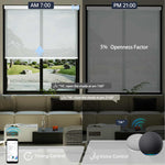 White 5% solar shade enables scheduled automation and voice commands for daily convenience.