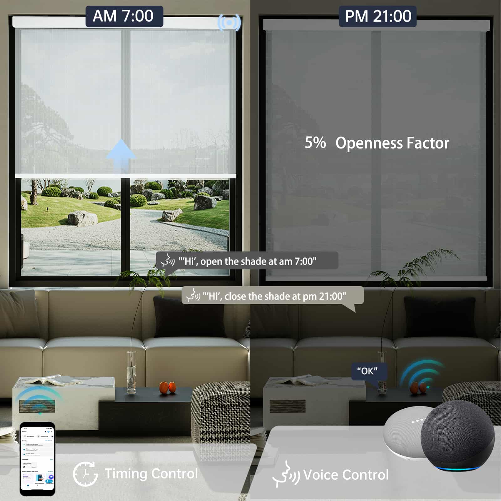 White 5% solar shade enables scheduled automation and voice commands for daily convenience.