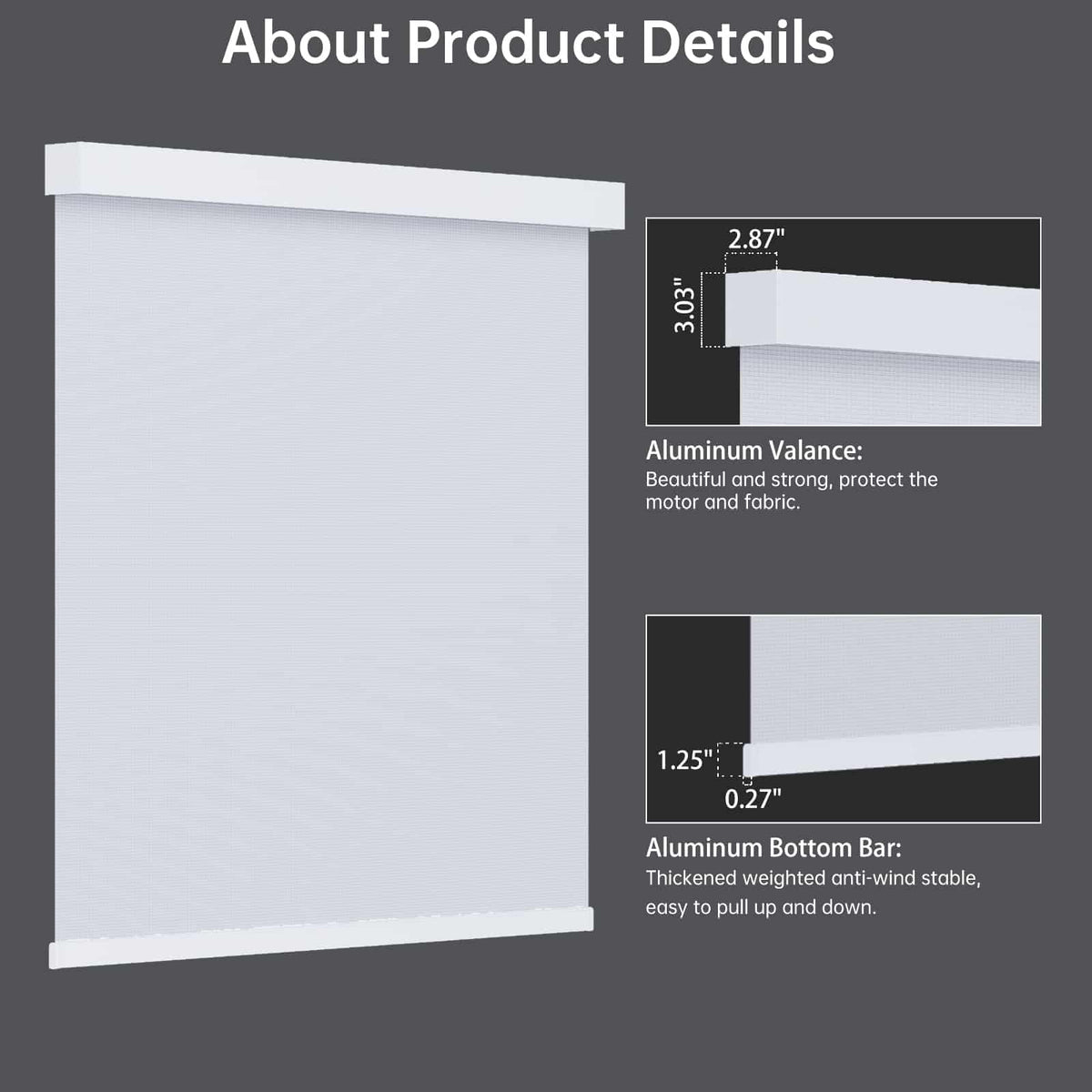 White 5% solar shade with sleek metal valance and bottom rail, modern and space-saving.