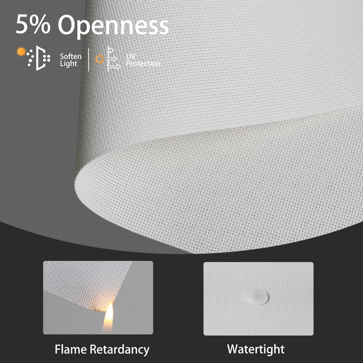 Durable white 5% solar fabric is fire-retardant and waterproof for safe, long-term performance.