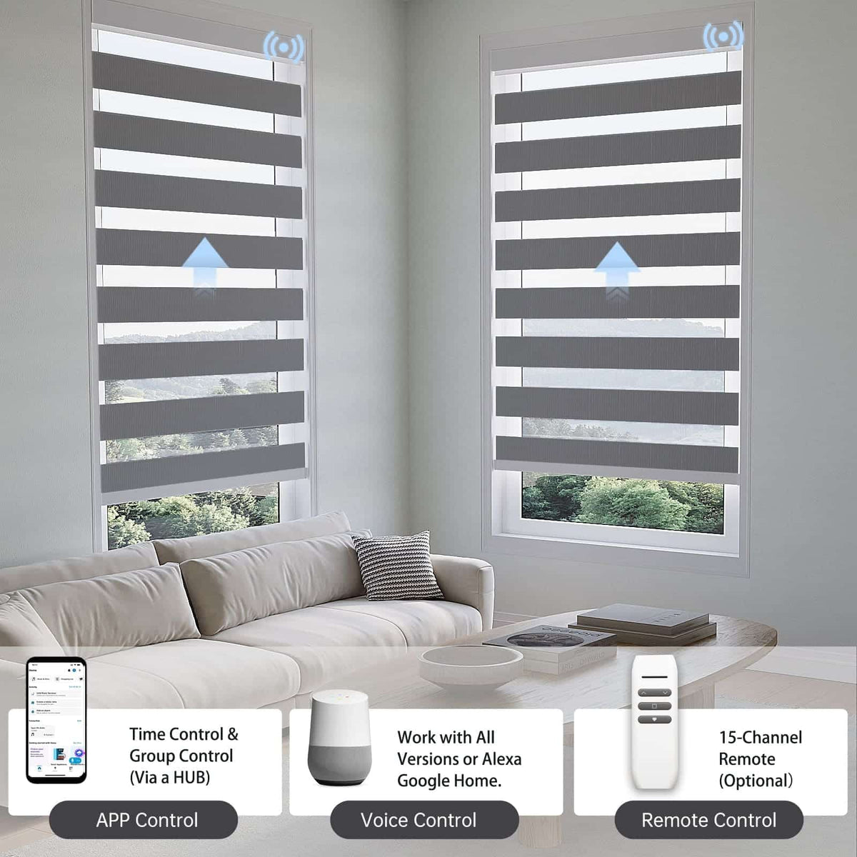 75% dark grey zebra shade controllable via app, voice, or hub remote, supports grouping up to 16 shades.