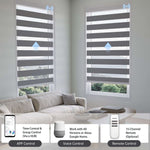 75% dark grey zebra shade controllable via app, voice, or hub remote, supports grouping up to 16 shades.