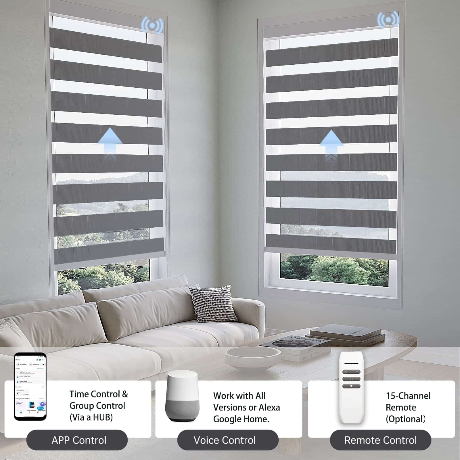 75% dark grey zebra shade controllable via app, voice, or hub remote, supports grouping up to 16 shades.