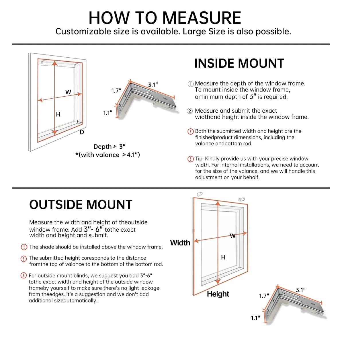 Measurement guide for dual-layer roller shades installation, showing inside mount and outside mount options.