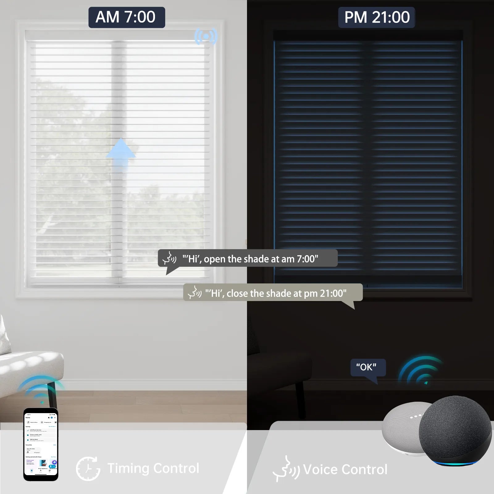 rizzle White smart sheer blinds on a daily schedule: open at 7 AM for soft natural light and close at 9 PM, all controllable by voice.