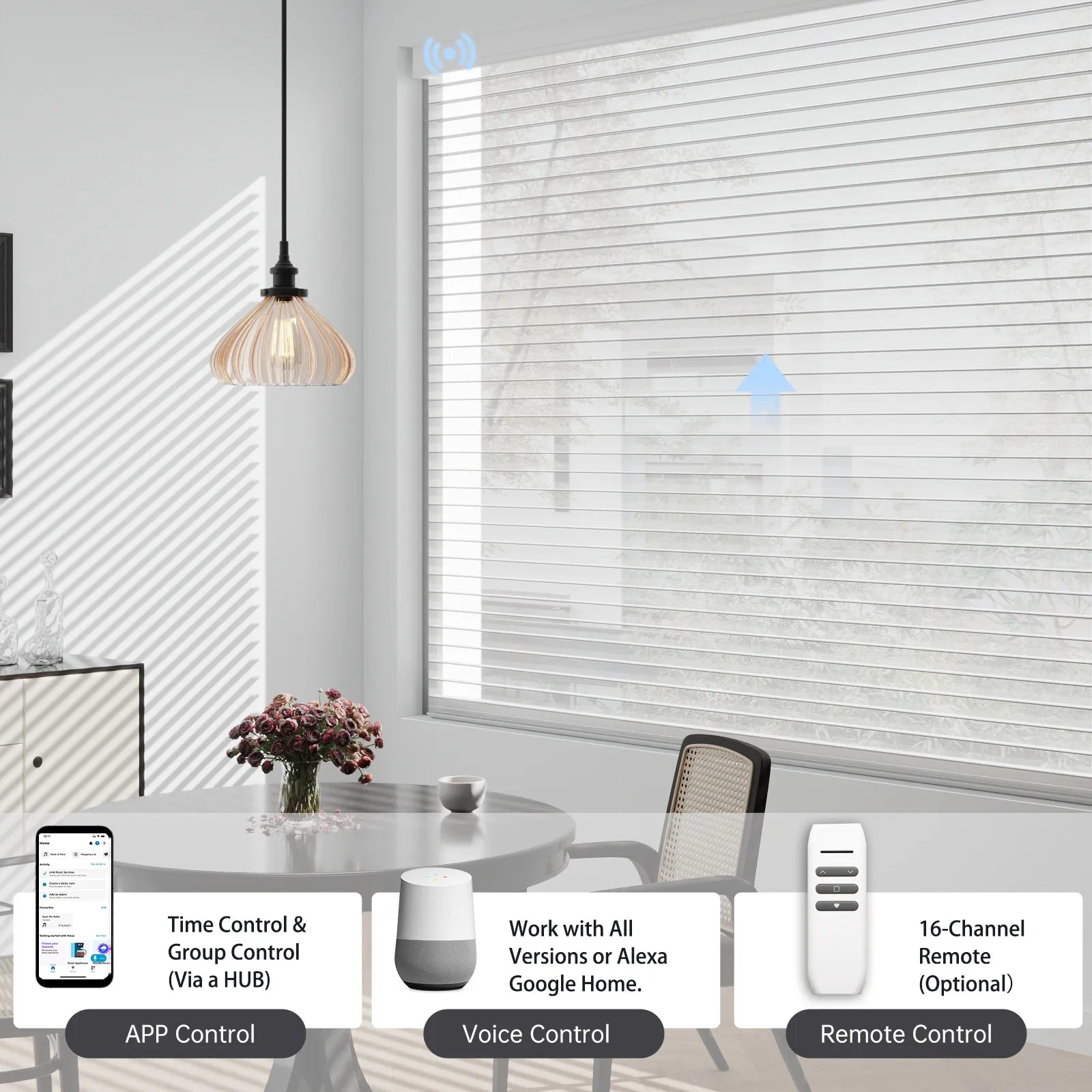  Full smart control for motorized sheer blinds: use app, voice, remote, or set group timers via a hub for whole-home automation.