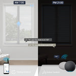 Smart motorized shade on an automated schedule: opens at 7 AM for morning light and closes at 9 PM for privacy and darkness. Voice control enabled.