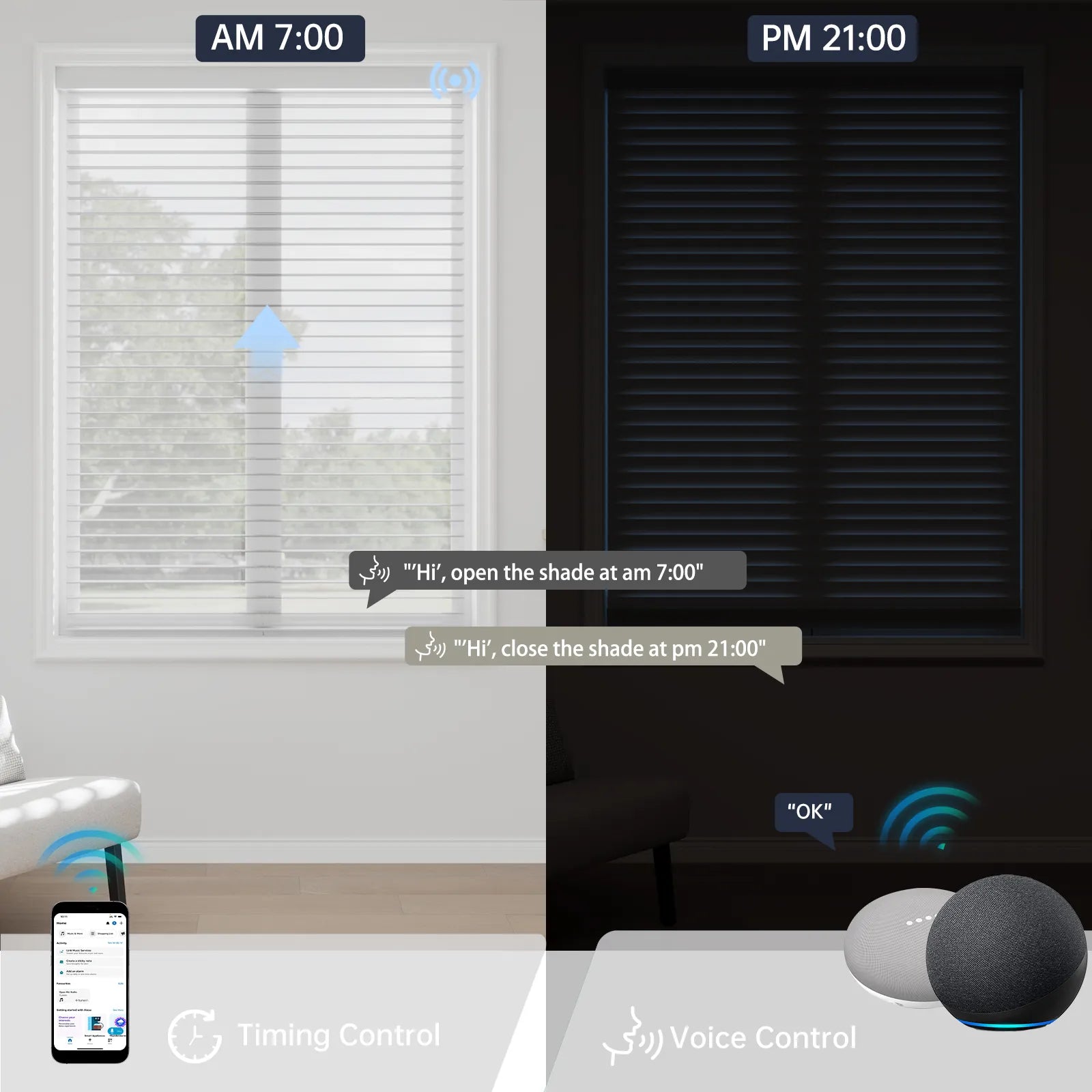Smart motorized shade on an automated schedule: opens at 7 AM for morning light and closes at 9 PM for privacy and darkness. Voice control enabled.