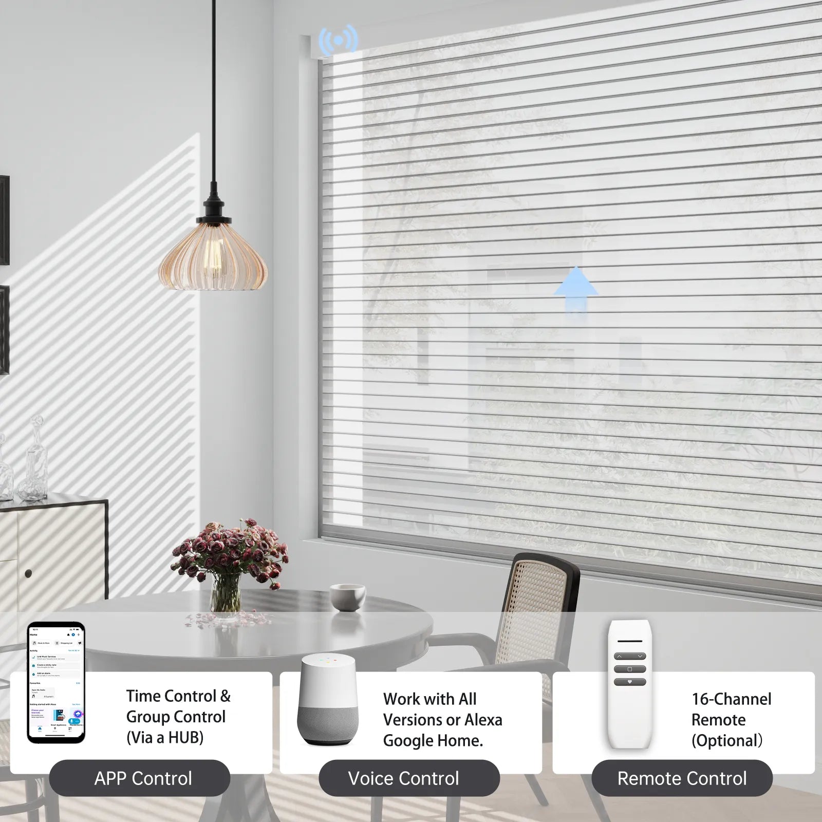 Multiple control methods for motorized shades: use the app, your voice, a remote, or set automated timers and group scenes via a hub.