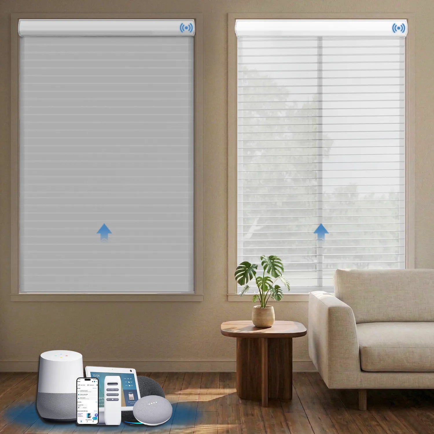 Modern white motorized room darkening sheer shade with smart voice control and a clean, minimalist design for adjustable light filtering and privacy.