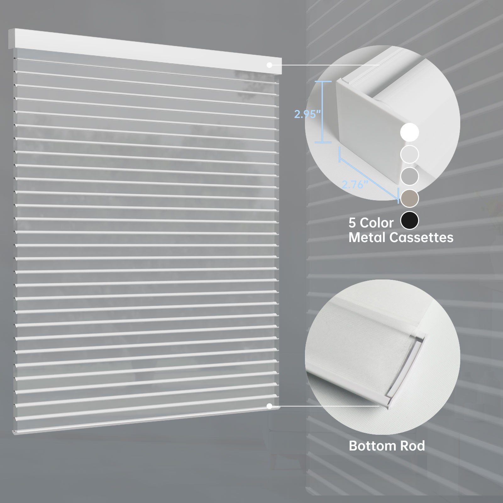  Custom motorized sheer shades in 5 colors, featuring durable metal cassettes and a weighted bottom rod for clean alignment.