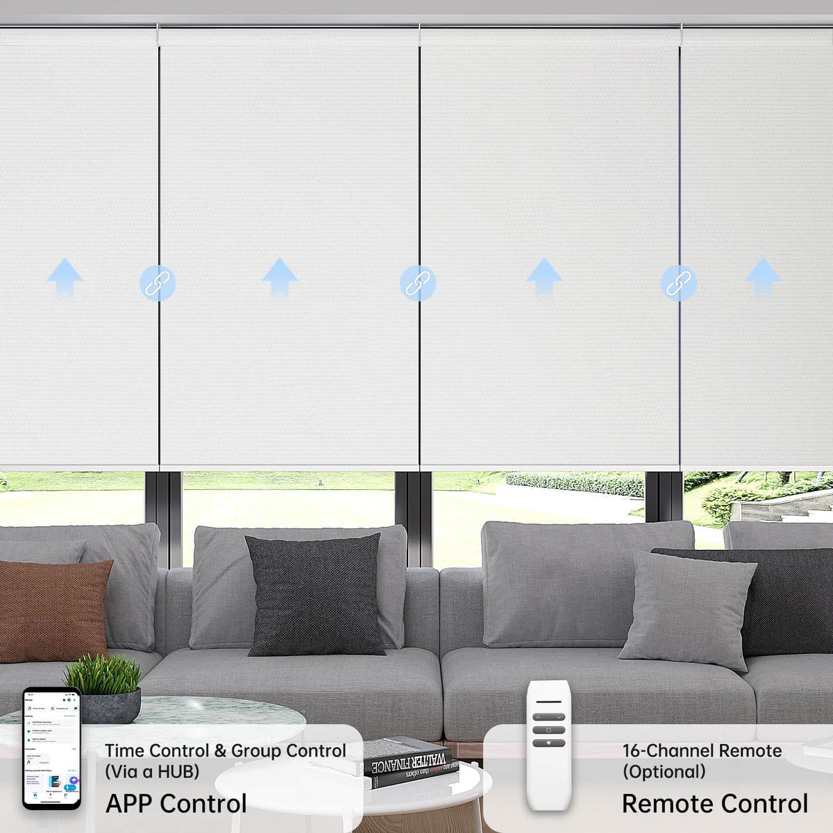Motorized custom white blackout coupled roller shades with app scheduling and remote control for precise raising and lowering.