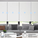 Motorized custom white blackout coupled roller shades with app scheduling and remote control for precise raising and lowering.