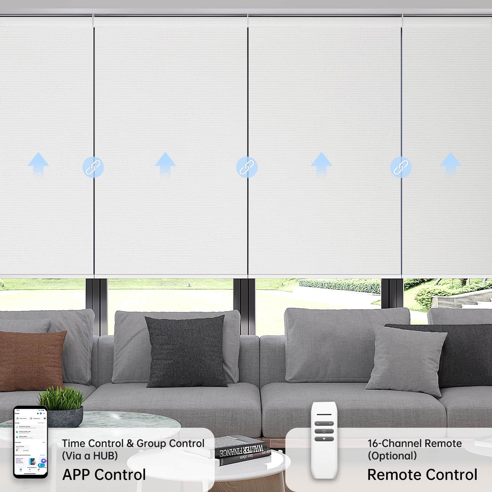 Motorized custom white blackout coupled roller shades with app scheduling and remote control for precise raising and lowering.