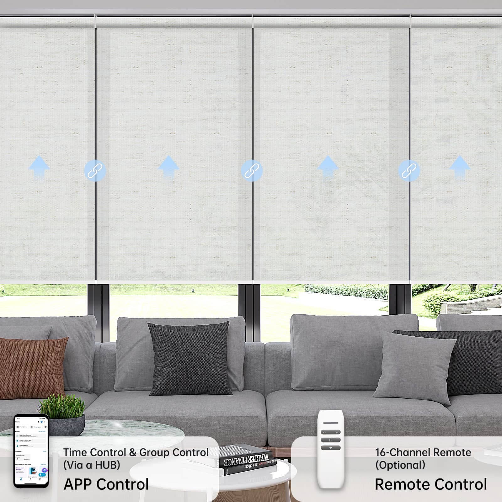 Motorized beige light-filtering coupled roller shades with app scheduling and remote control for easy operation.