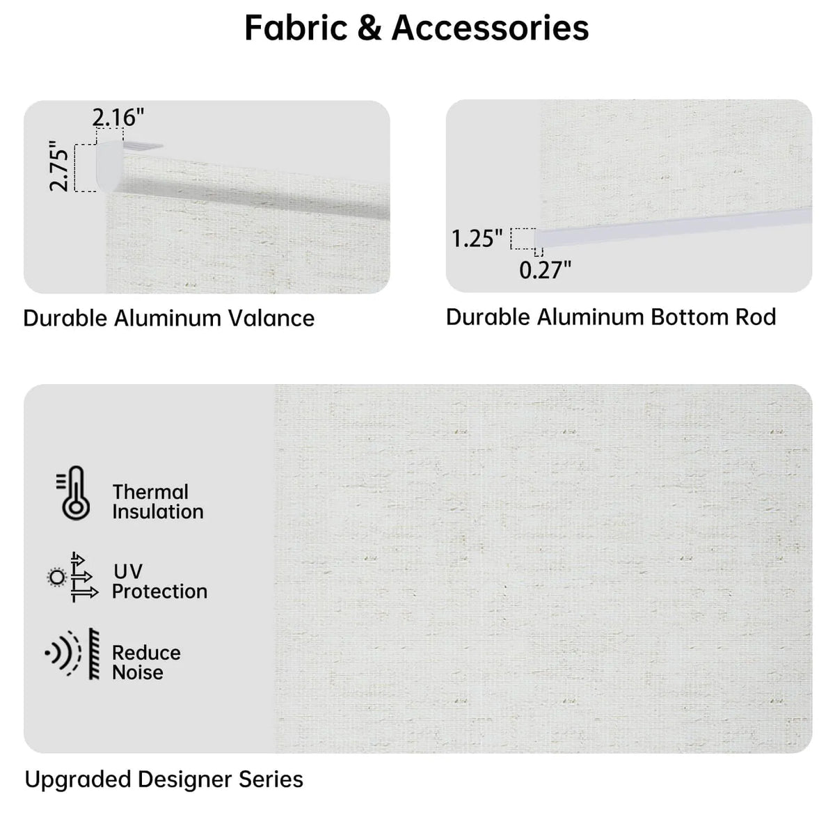 Detail of beige light-filtering motorized coupled roller shades, softening light, reducing heat and noise, with metal valance and bottom rod.