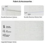 Detail of beige light-filtering motorized coupled roller shades, softening light, reducing heat and noise, with metal valance and bottom rod.