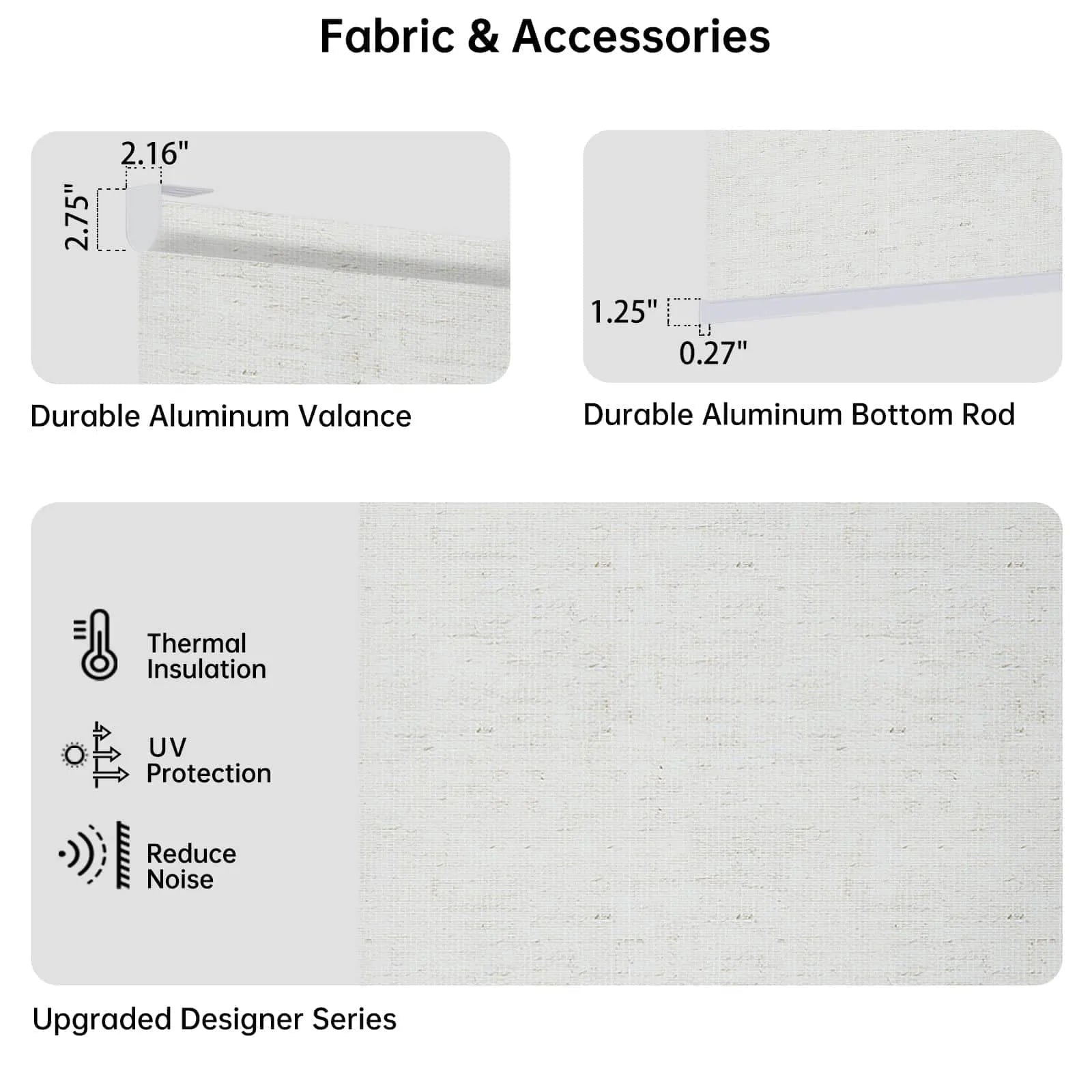 Detail of beige light-filtering motorized coupled roller shades, softening light, reducing heat and noise, with metal valance and bottom rod.