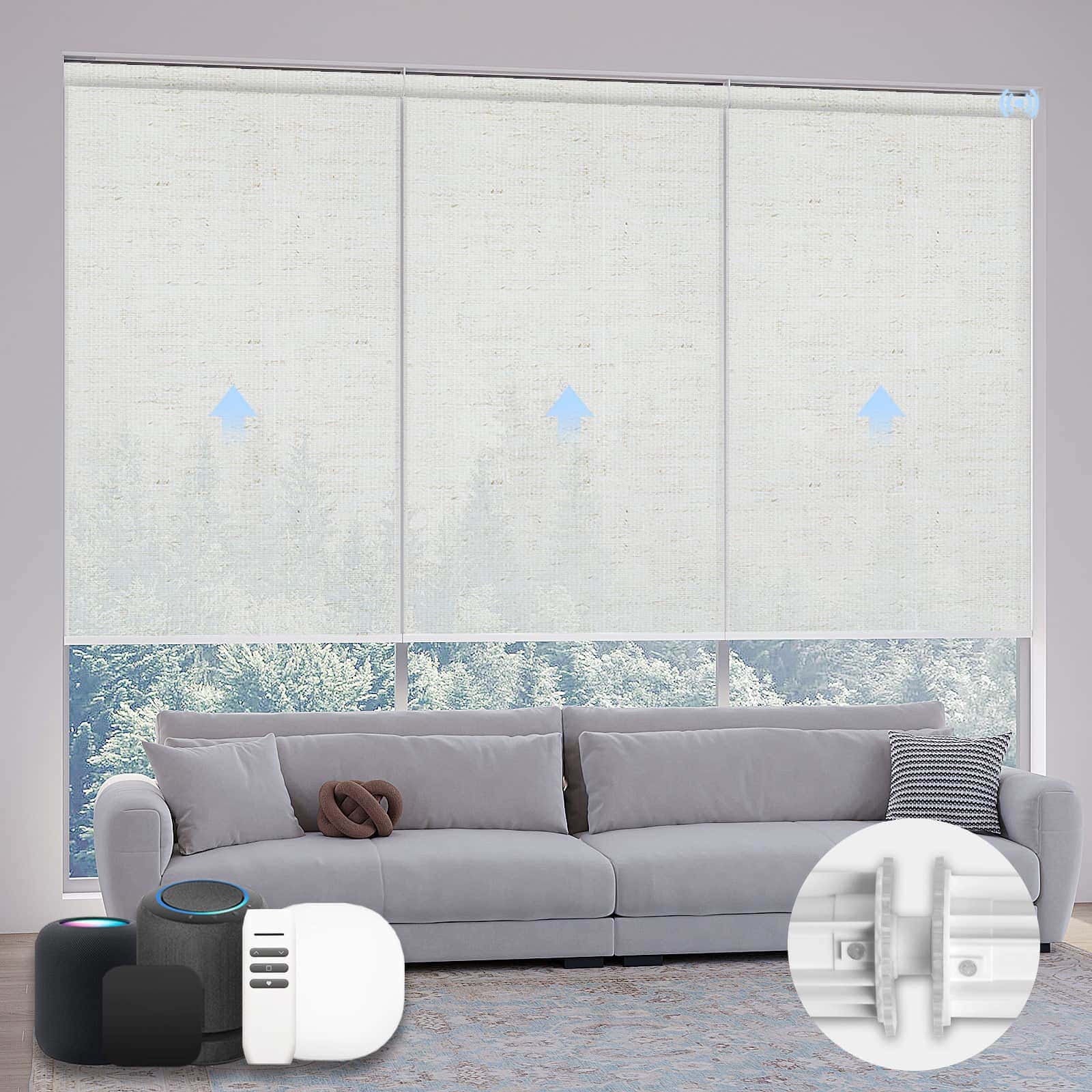 Motorized beige light-filtering coupled roller shades on large windows, softening sunlight and creating a cozy indoor space.