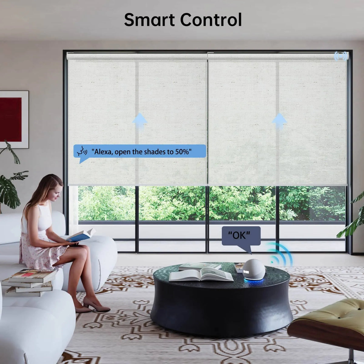 Female homeowner reading at home, using Alexa voice control to adjust beige light-filtering motorized roller shades.