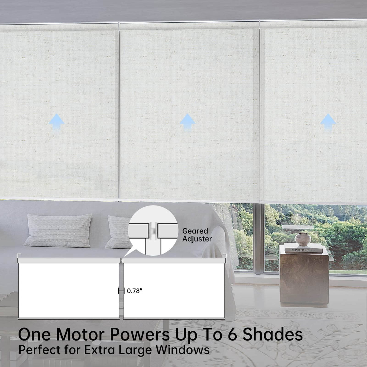 Close-up of panel gap in beige motorized coupled roller shades, highlighting seamless installation for large windows.