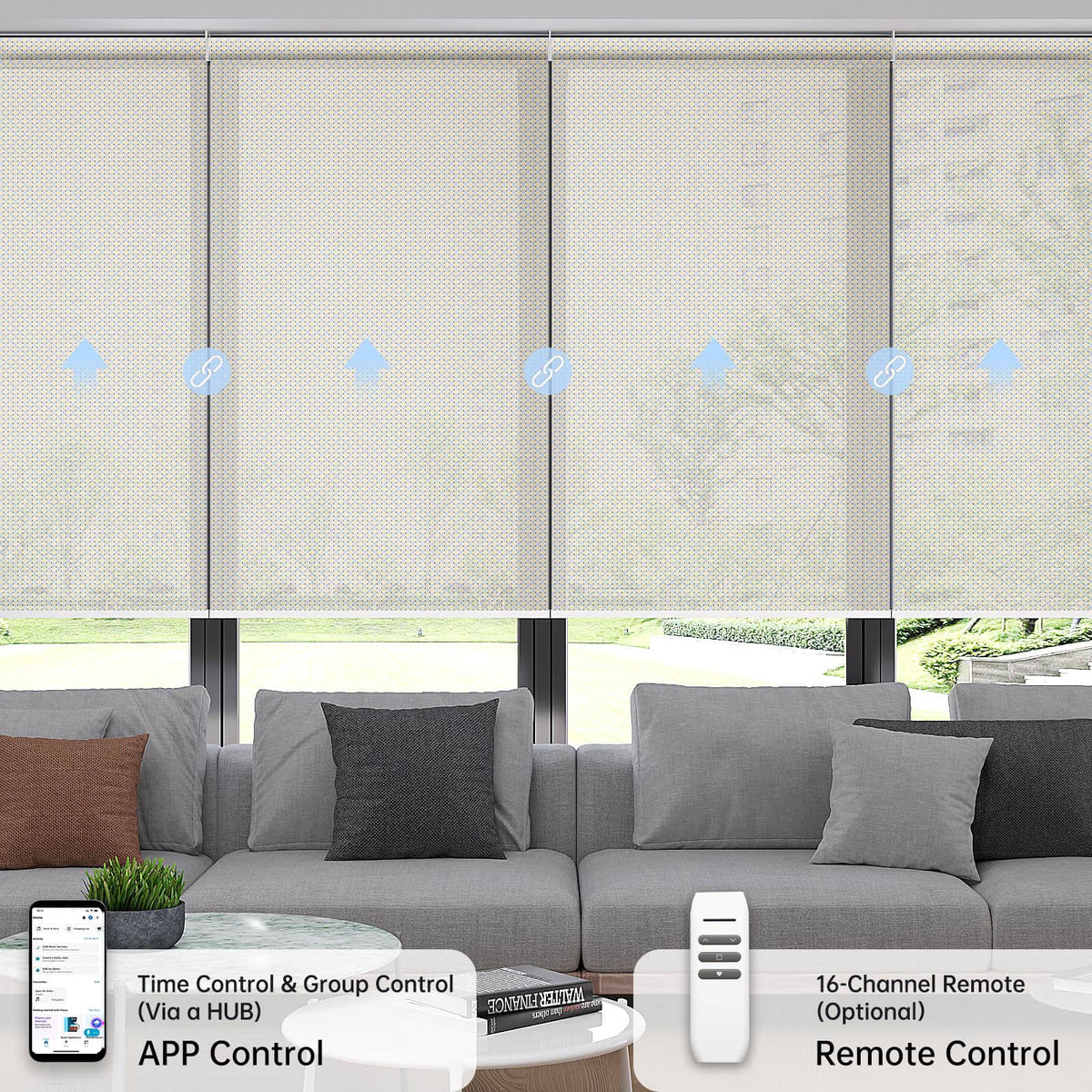 Motorized beige solar coupled roller shades with 5% openness, controllable via app scheduling and remote.