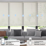 Motorized beige solar coupled roller shades with 5% openness, controllable via app scheduling and remote.