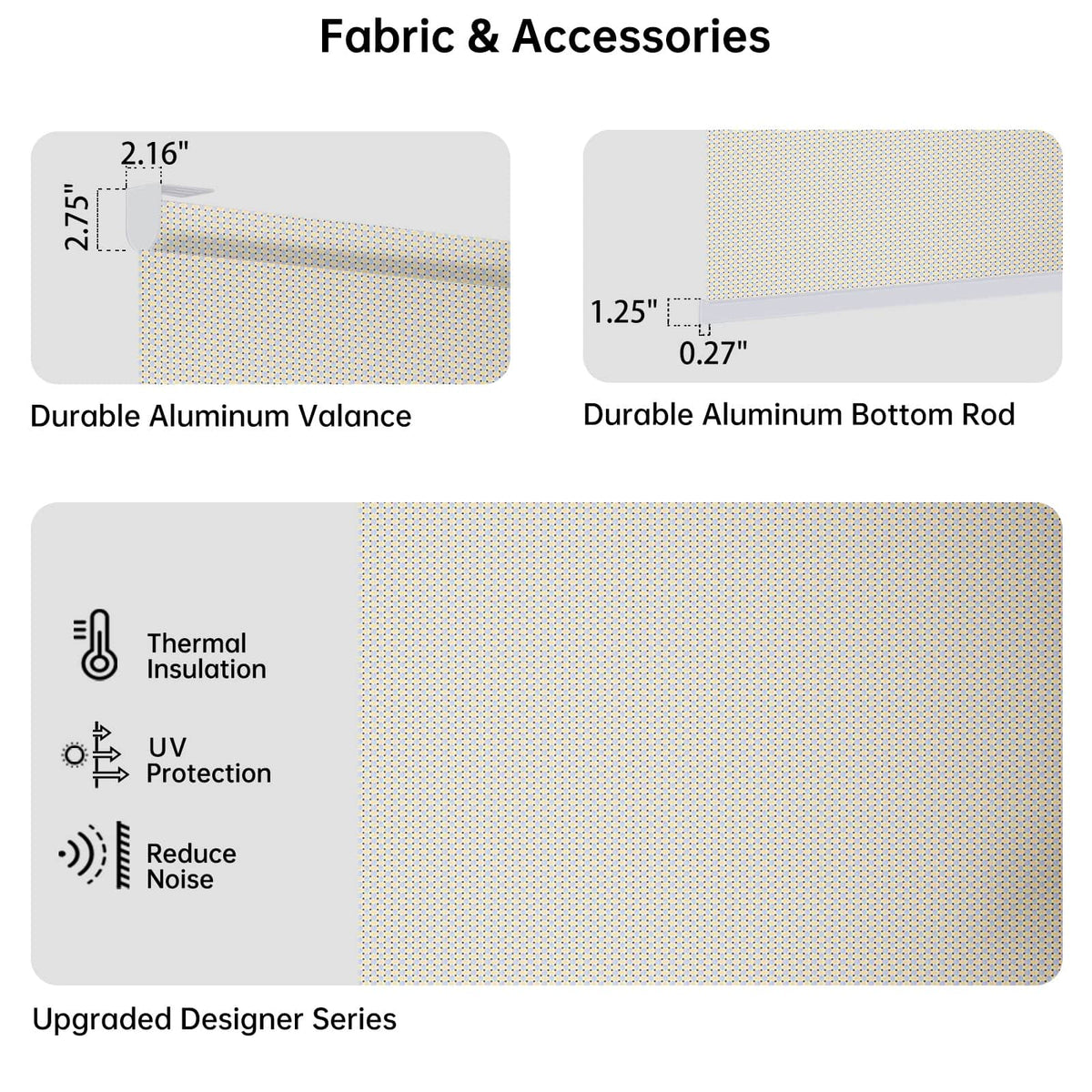 Detail of beige solar motorized coupled roller shades, 5% openness, fire-resistant, reducing heat and glare, with metal valance and bottom rod.
