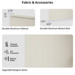 Detail of beige solar motorized coupled roller shades, 5% openness, fire-resistant, reducing heat and glare, with metal valance and bottom rod.