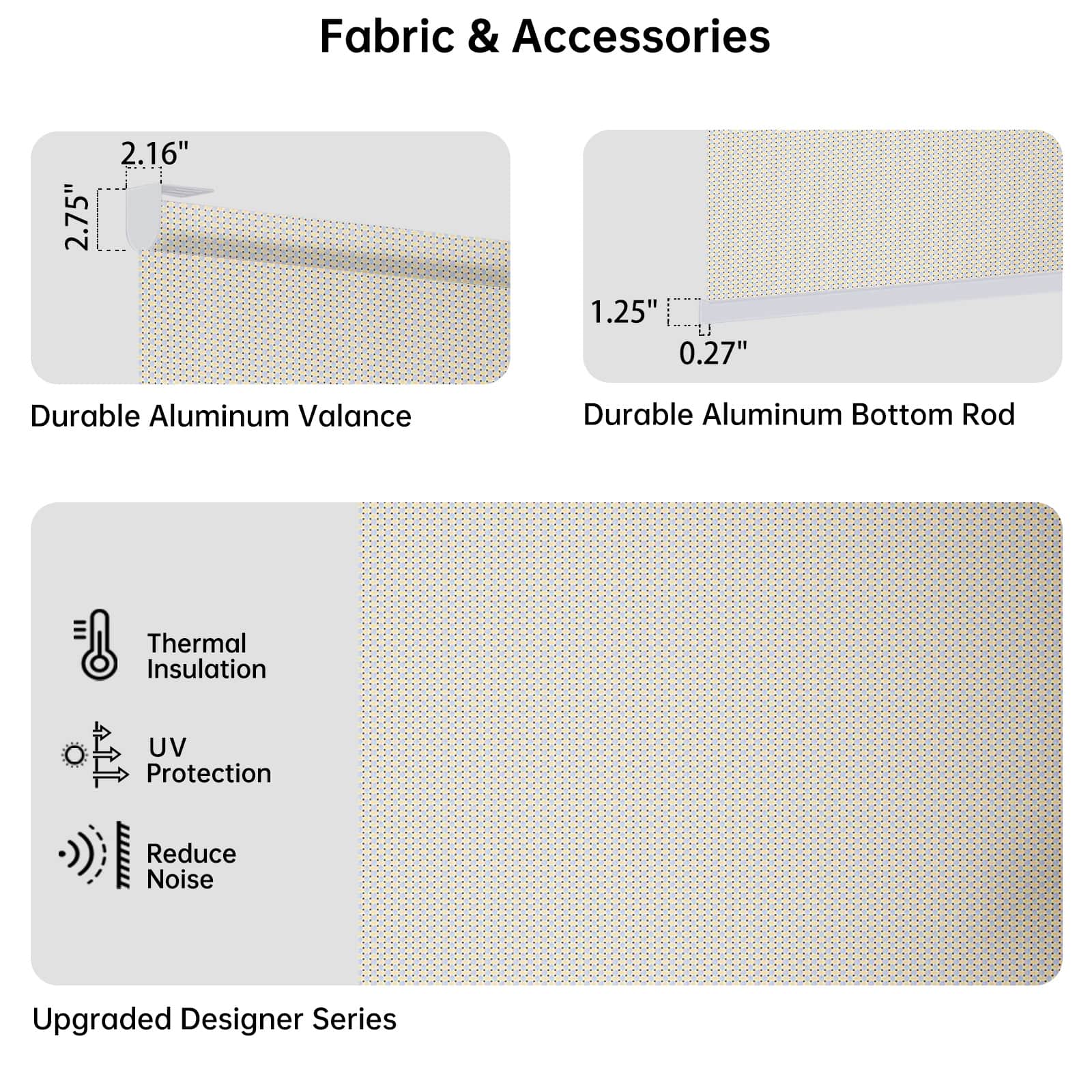 Detail of beige solar motorized coupled roller shades, 5% openness, fire-resistant, reducing heat and glare, with metal valance and bottom rod.