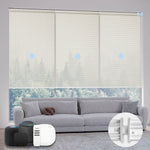 Motorized beige solar coupled roller shades, 5% openness, reducing glare and heat while maintaining light view indoors.
