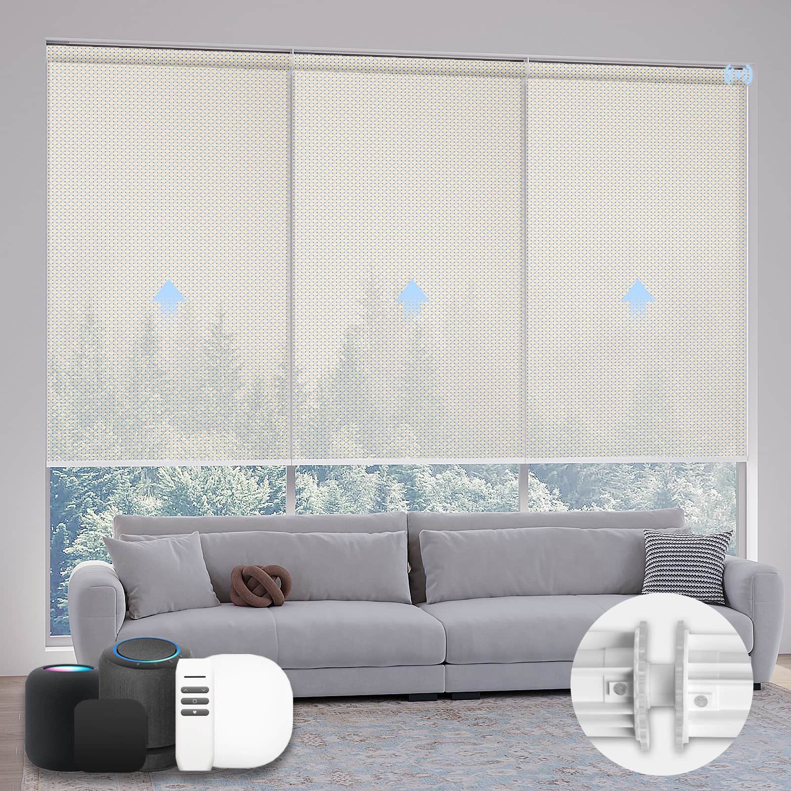Motorized beige solar coupled roller shades, 5% openness, reducing glare and heat while maintaining light view indoors.