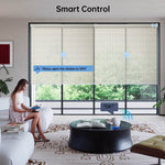 Female homeowner using Alexa voice control to adjust beige solar motorized roller shades with 5% openness.