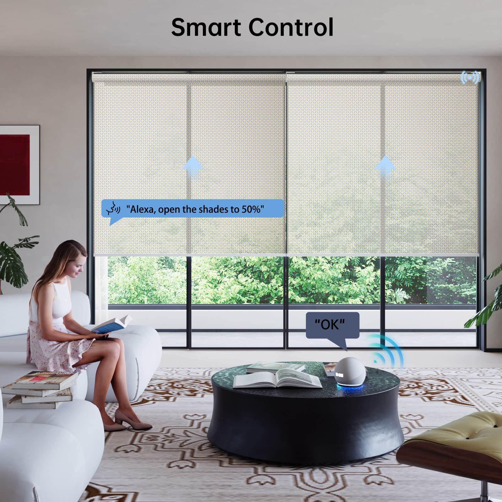 Female homeowner using Alexa voice control to adjust beige solar motorized roller shades with 5% openness.