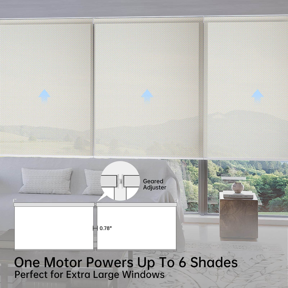 Close-up of panel gap in beige solar motorized coupled roller shades, ensuring seamless installation for large windows.