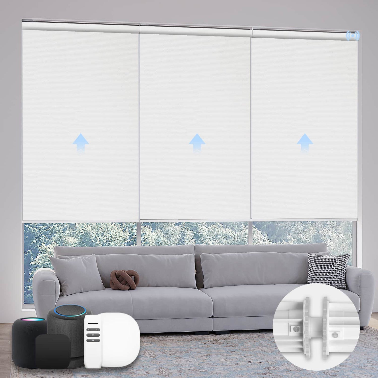 Motorized custom white blackout coupled roller shades for large windows, blocking harsh sunlight and creating a soft, tranquil indoor environment.