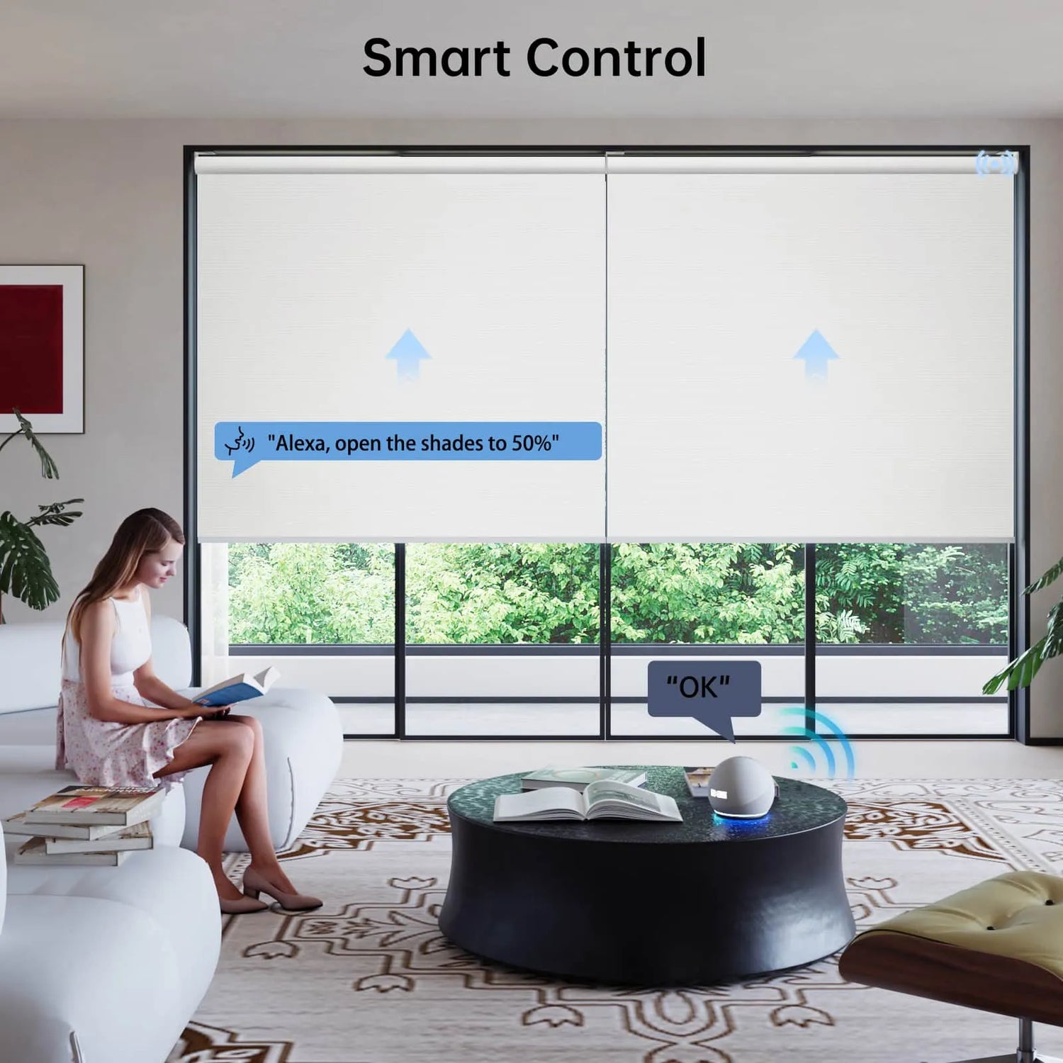 "Female homeowner reading at home, using Alexa voice control to adjust the light filtering level of motorized custom roller shades."