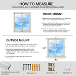 Instructional graphic showing how to measure a window for inside and outside mounts, with labeled diagrams, measurement steps, and images of included items: cordless blinds, screws, brackets, and a handle.