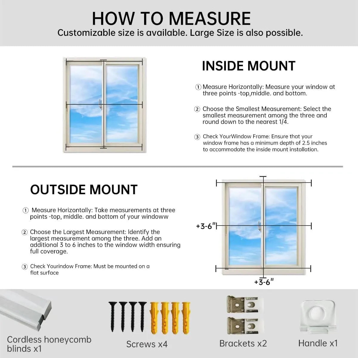 Instructional graphic showing how to measure a window for inside and outside mounts, with labeled diagrams, measurement steps, and images of included items: cordless blinds, screws, brackets, and a handle.