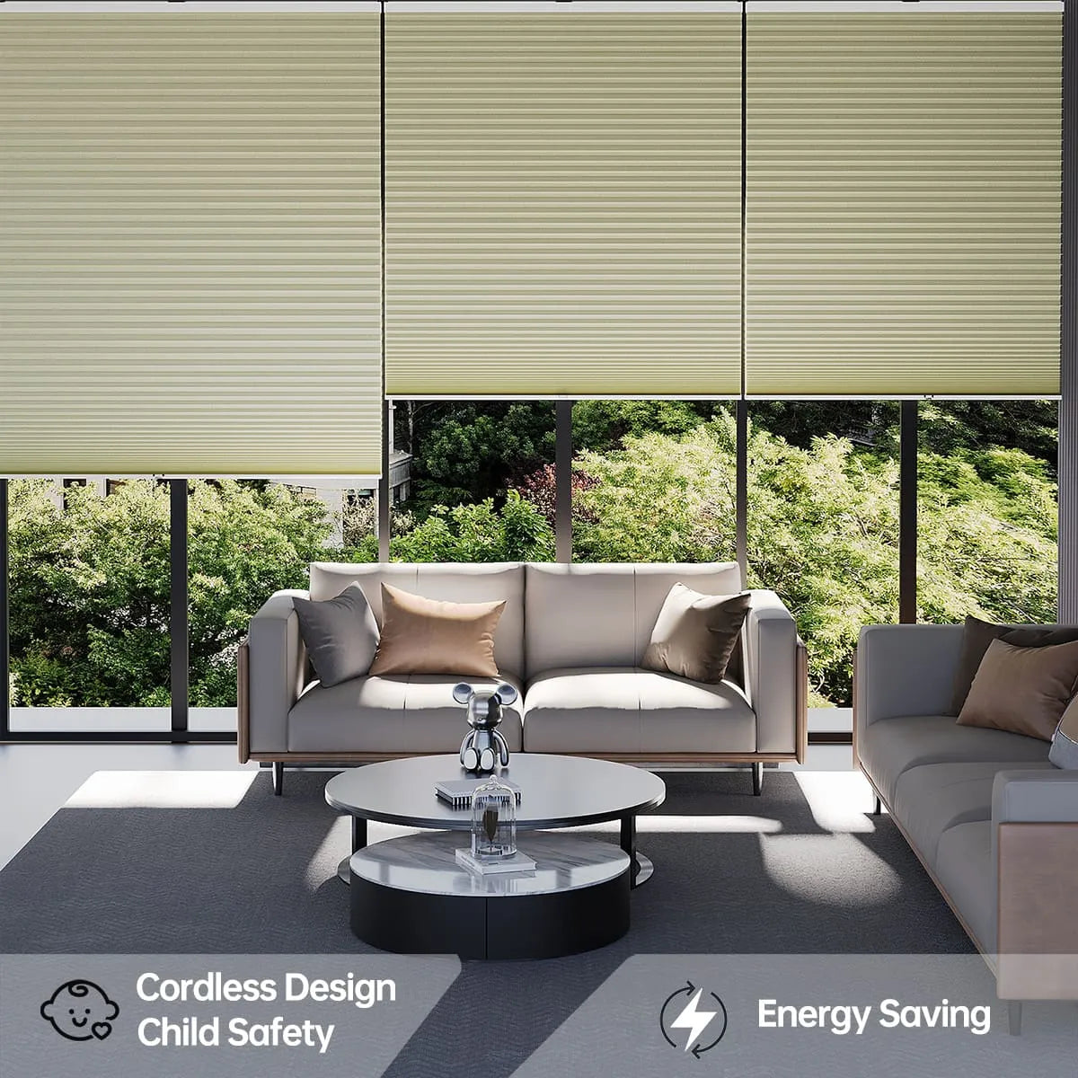 Modern living room with large windows covered by beige cordless blinds. Two sofas with cushions and a round coffee table sit on a rug. Icons indicate child safety and energy-saving features. Green trees are visible outside.